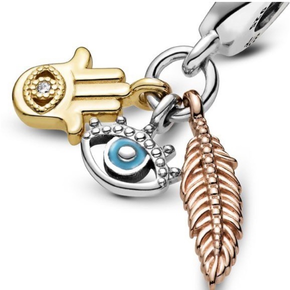 HAMSA, ALL-SEEING EYE & FEATHER SPIRITUALITY DANGLE CHARM - PANDORA SHINE™ - Picture 1 of 8